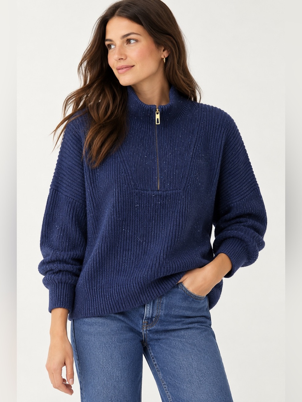 Lands’ End Drifter Shaker Wedge Quarter Zip Sweater, Navy Blue, Size XL Petite